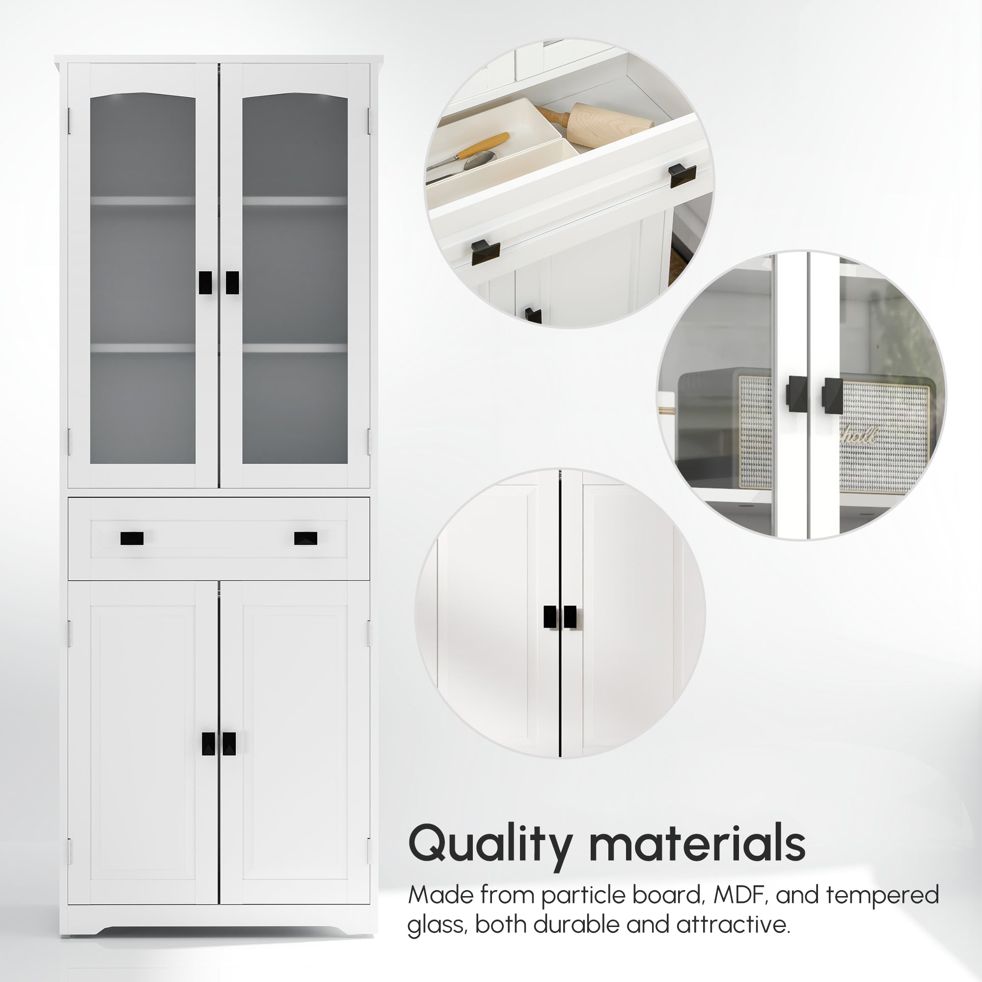 HOMCOM Kitchen Cupboard, Freestanding Storage Cabinet with 2 Adjustable Shelves, Drawer and Glass Door for Living Room, Dining Room, 160cm, White